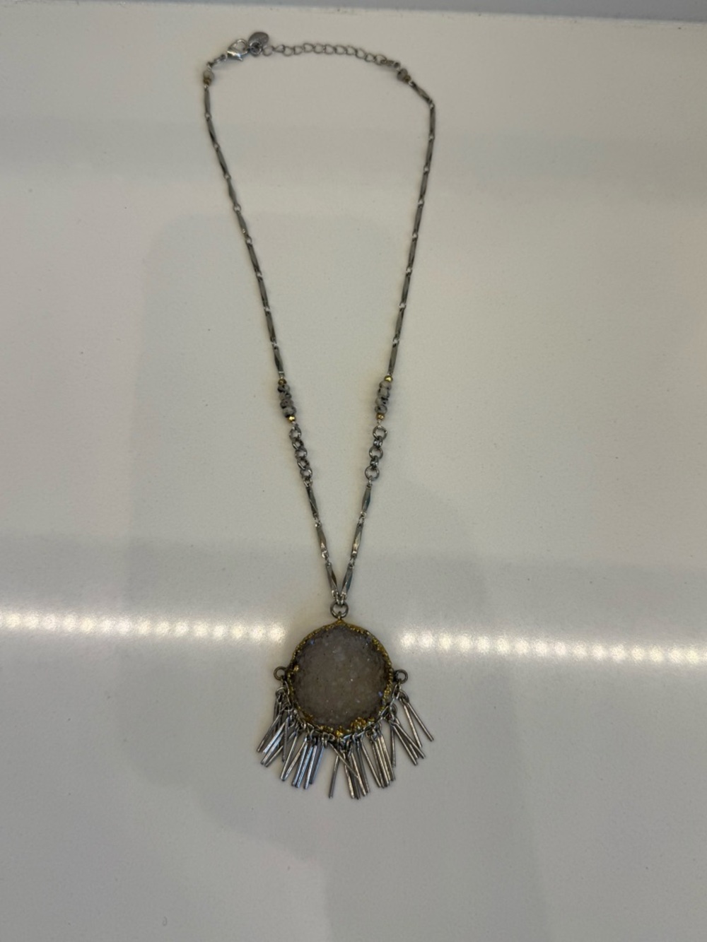 Silver-tone Druzy Pendant Fringe Necklace - Silver & Gold